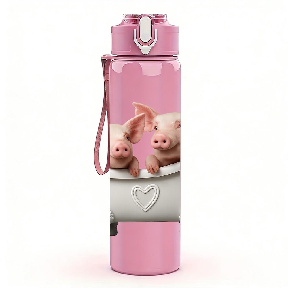 1PC Two Piglets Bathtub Cartoon 750ml Color Plastic Sports Water Bottle Leakproof Flip Straw Lid For Sports Office Home Use
