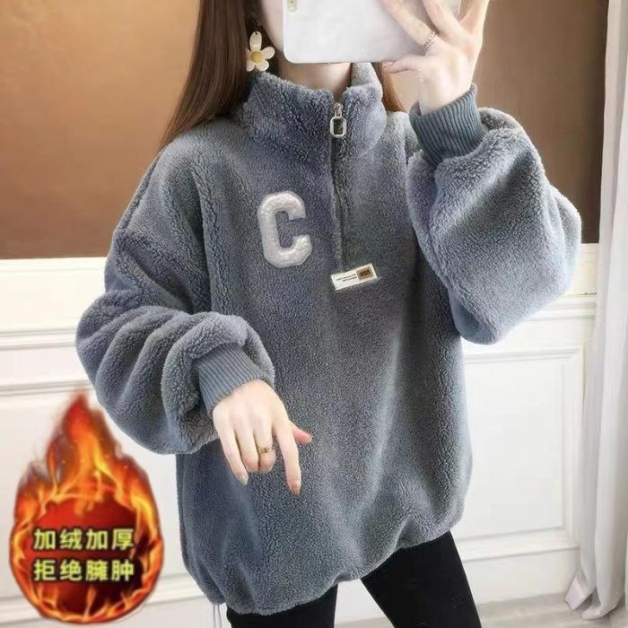 Spot New Fleece Thickened Winter Lamb Fleece Sweater Women s Loose Versatile Top Women s Outer Wear #2218 2XL серый