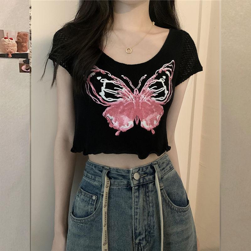 Butterfly Print Knitted Short Sleeved T-shirt for Women with A Unique and Chic Design Featuring A Niche Hollow Out Short Cut Top
