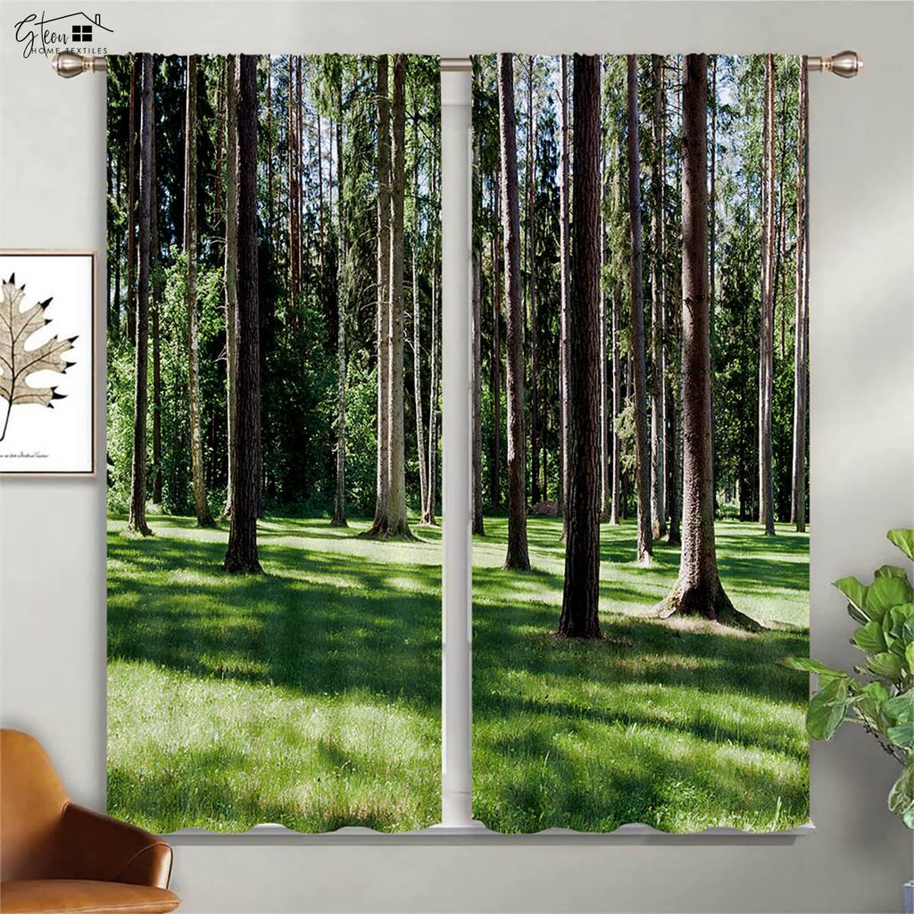 Forest Scenery Decorative Curtains Green Woods Sunshine Natural Aerobic B&B Hotel Bedroom Living Room 3D Printing Curtains 2PCS