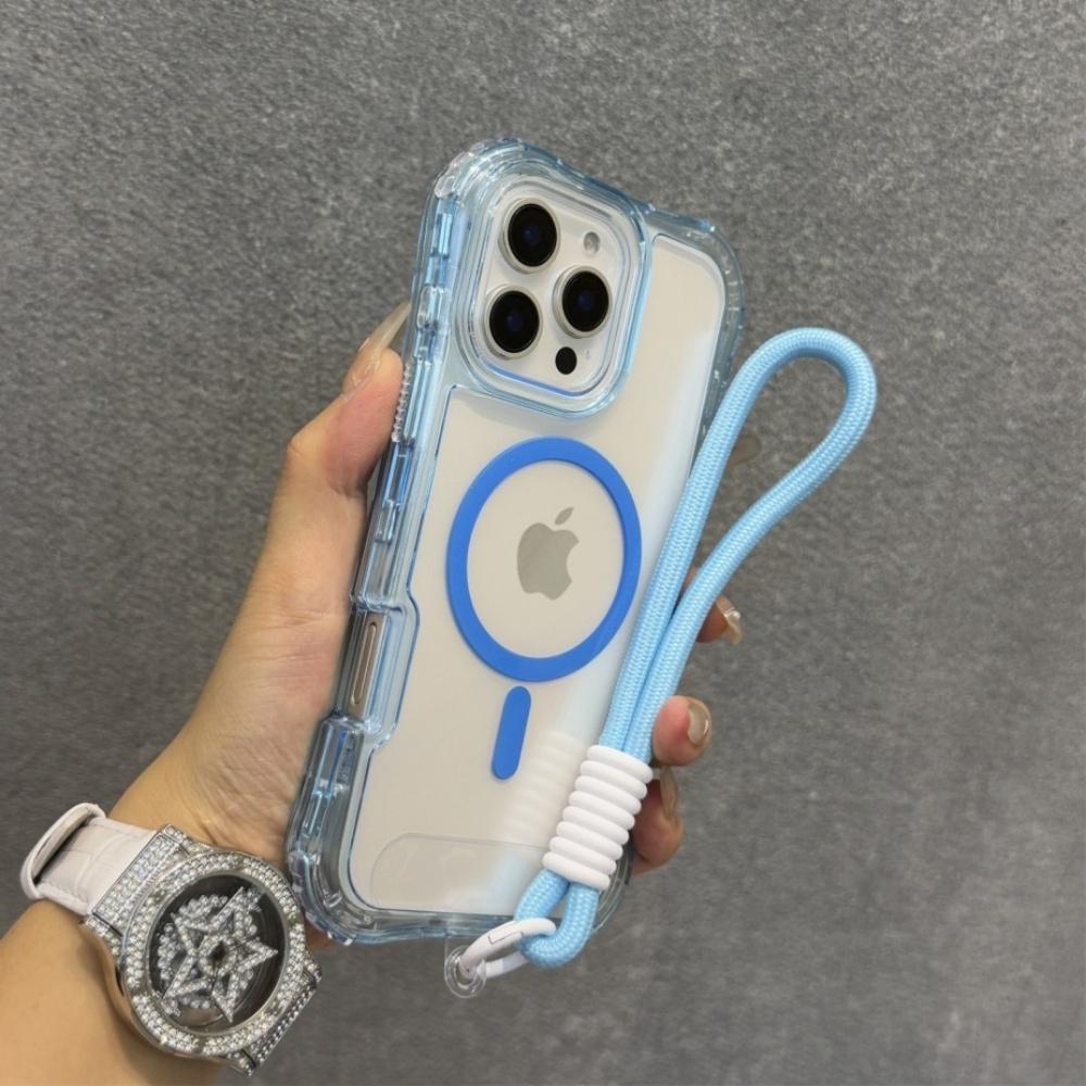 Fashion Candy Colour Clear Case for IPhone 17 Air 16E 15 14 Plus 13 12 11 Pro Max Magnetic Shockproof Wrist Strap Lanyard Cover