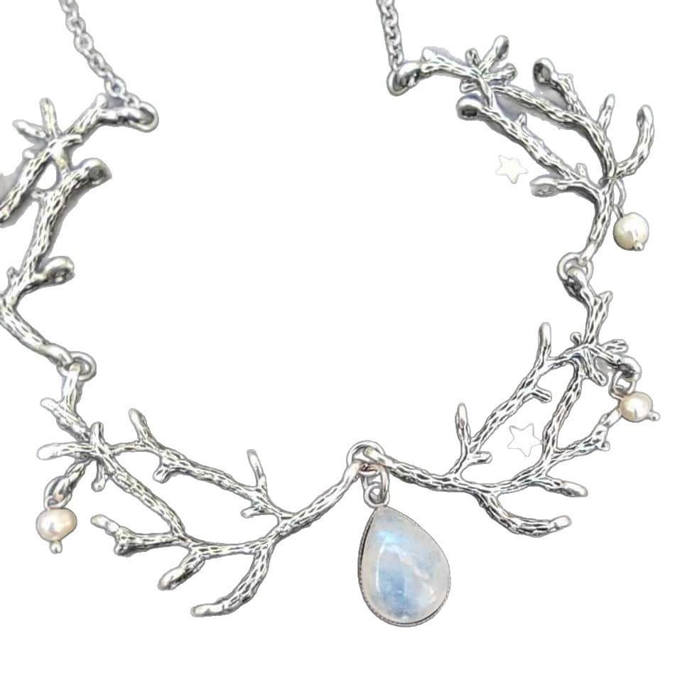 Forest Spirit Tree Branch Necklace With Moonstone And Silver Leaf Pendant For Women