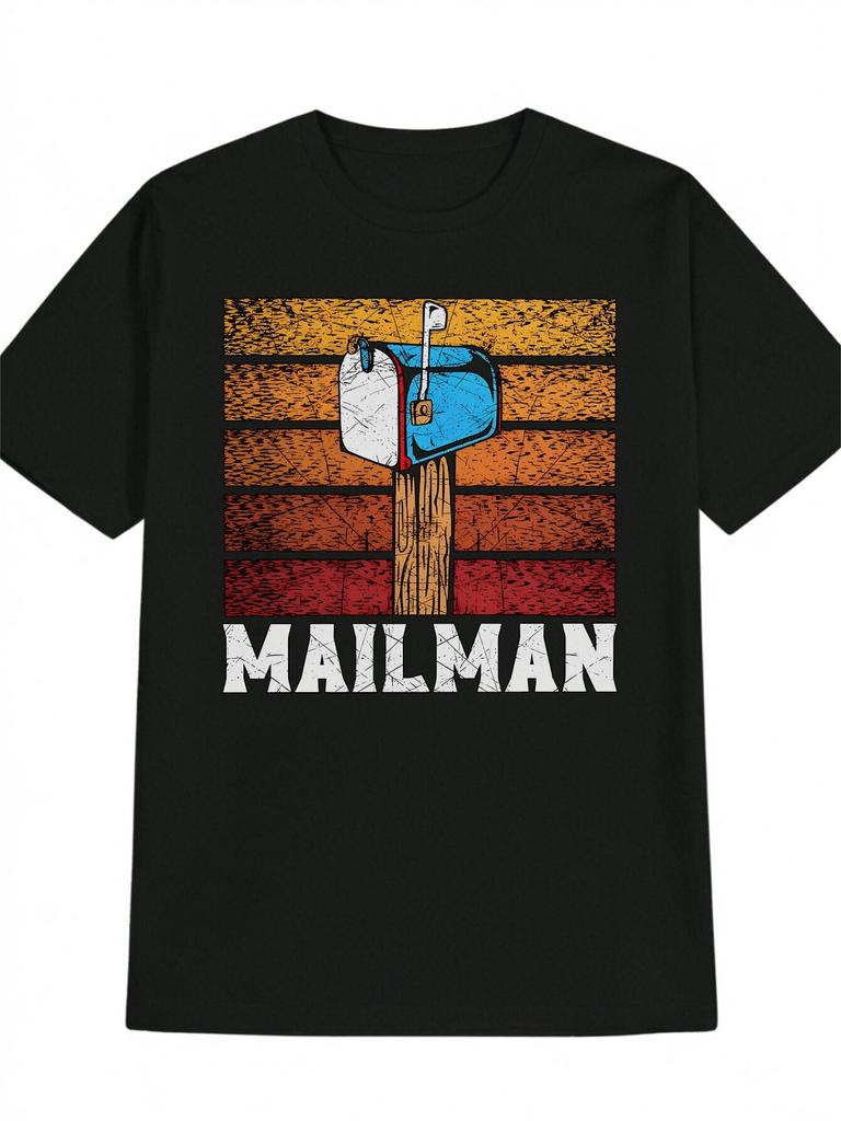 Casual Round Neck T-shirt with "MAILMAN" Graphic - Black Polyester Tee with Mailbox Print