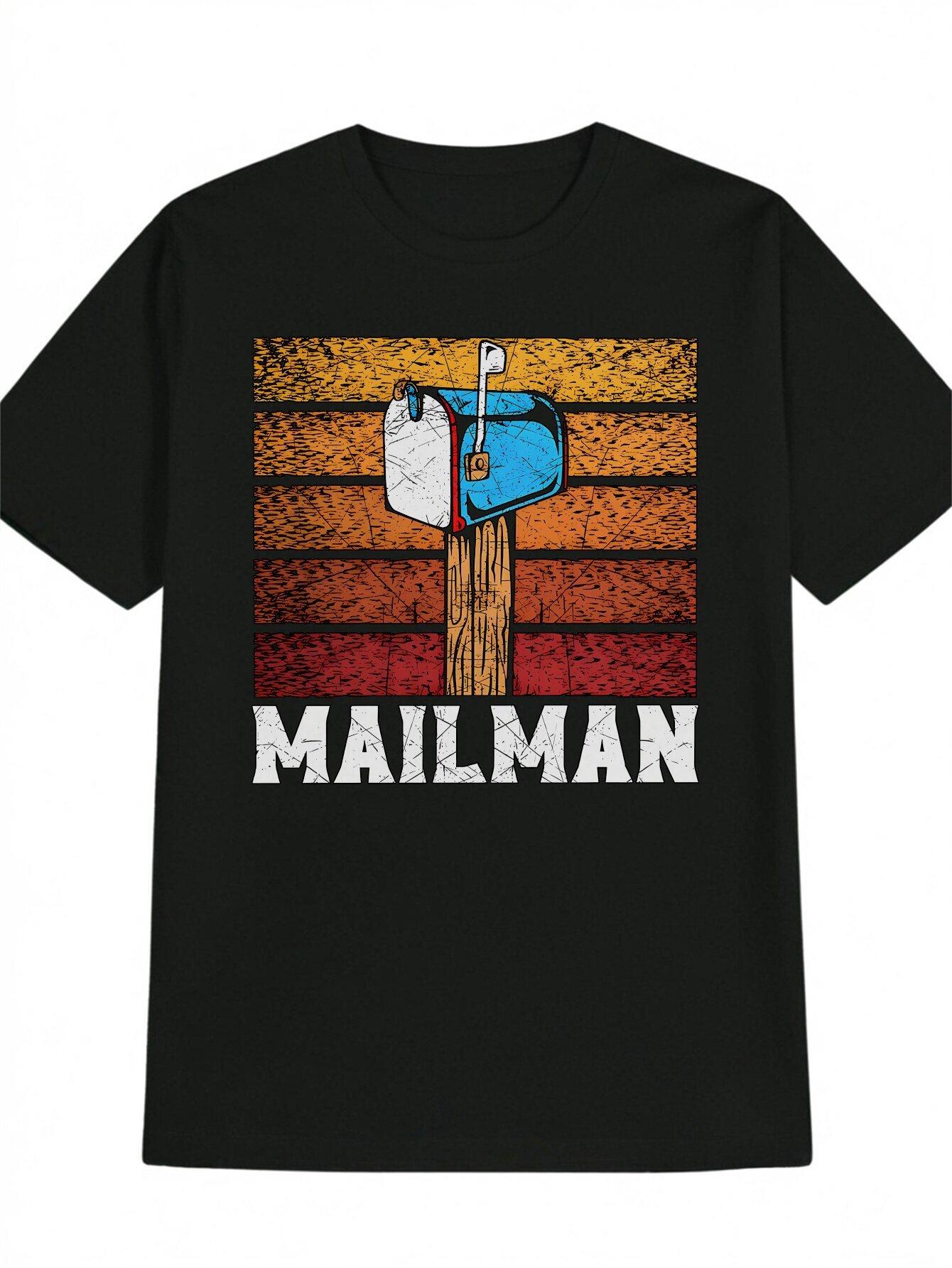 Casual Round Neck T-shirt with MAILMAN Graphic - Black Polyester Tee with Mailbox Print XL