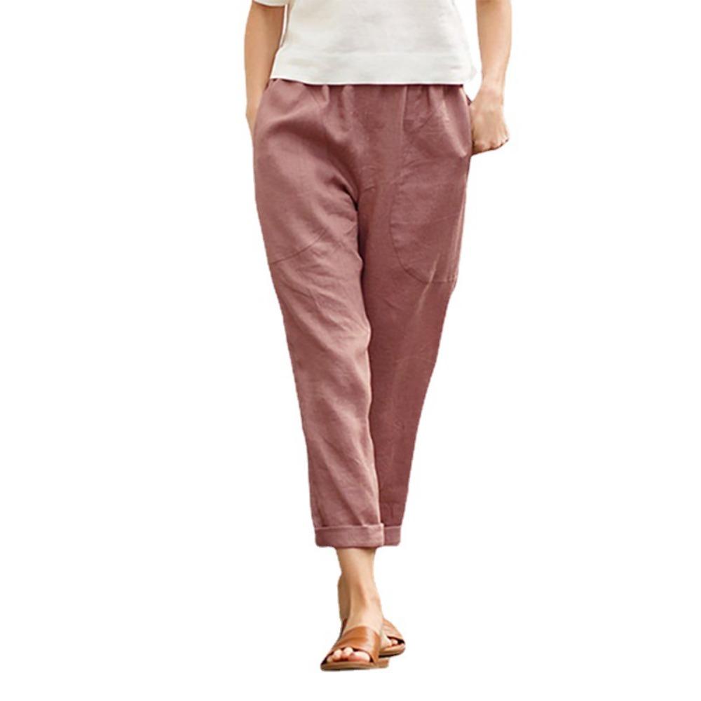 Women's Elastic Waist Straight Leg Linen Cotton Casual Pants Loose Fit Pocket Trousers