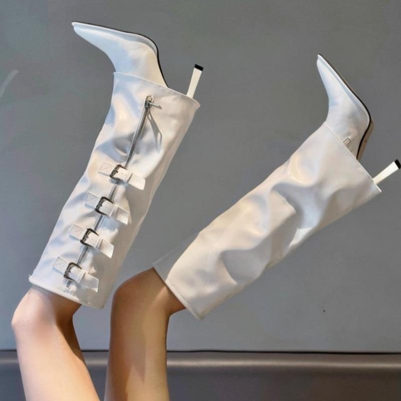 Fashion Metal Belt Buckle Thin Heel Single Boots Women's Fashion Pointed Toe Side Zipper Anti-Slip Wear Resistant Tall Boots