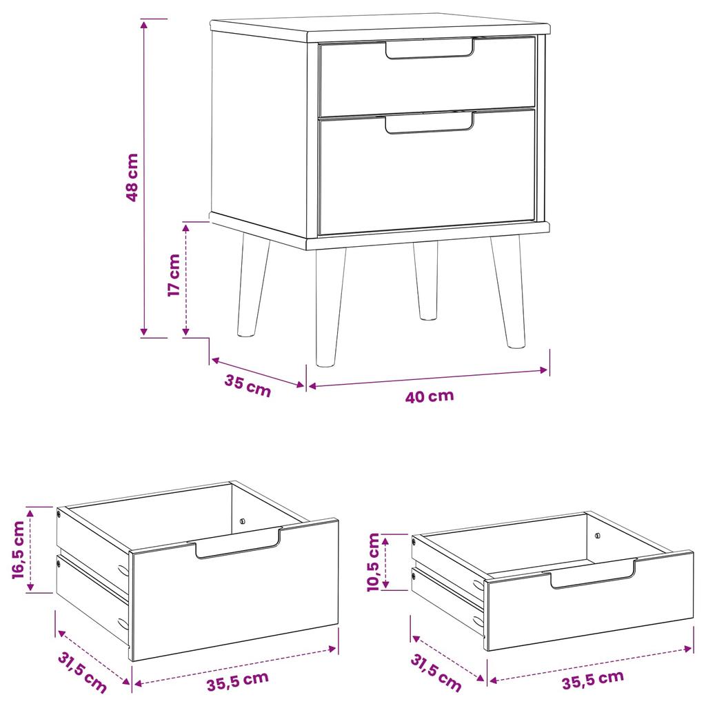 Nightstand Black 40 X 35 X 48 Cm Solid Pine Wood