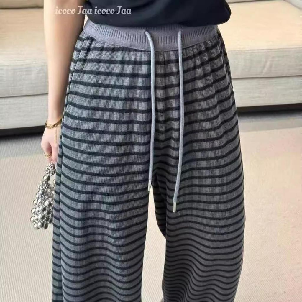 Women's Gray Retro Striped Knitted Wide-Leg Pants - Korean Style, Spring 2025, Elastic Waist, Slimming Casual Fit.