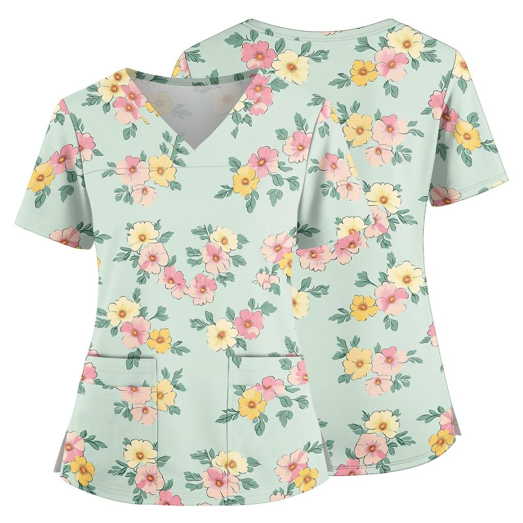 Women Floral Print V Neck Scrub Top with Pockets Side Slits Short Sleeve Medical Uniform Shirt for Healthcare Professionals
