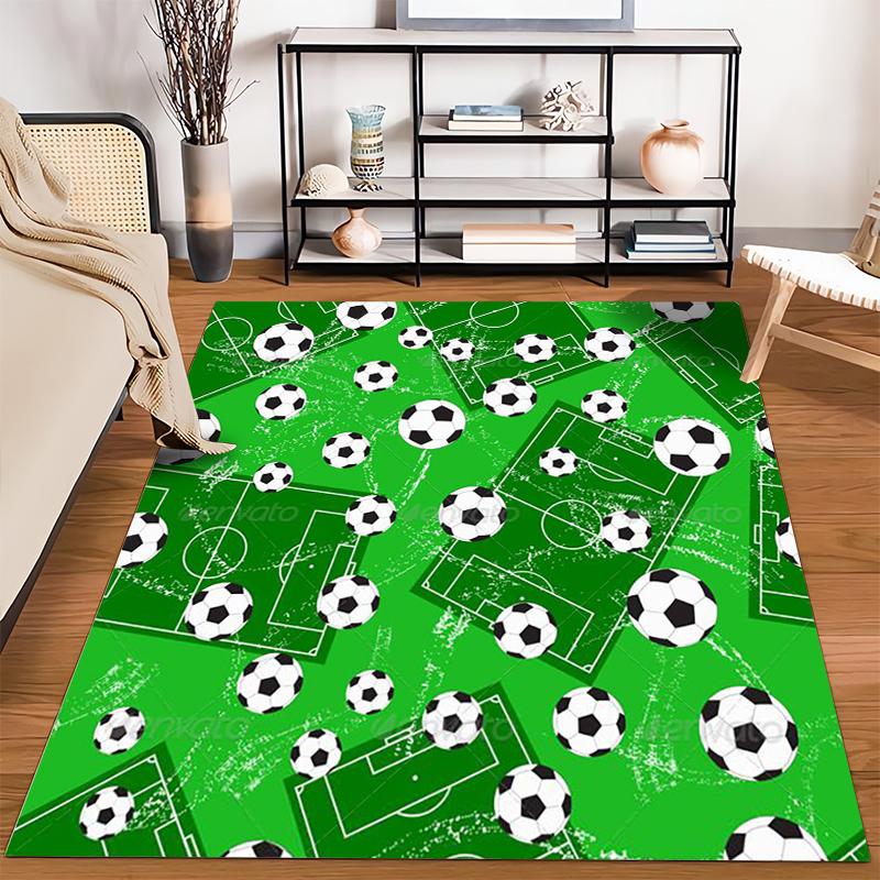 Green Soccer Field Carpet with Footballs and Sports Game Design Pattern Suitable for use as an anti-slip for living room bedroom sofas