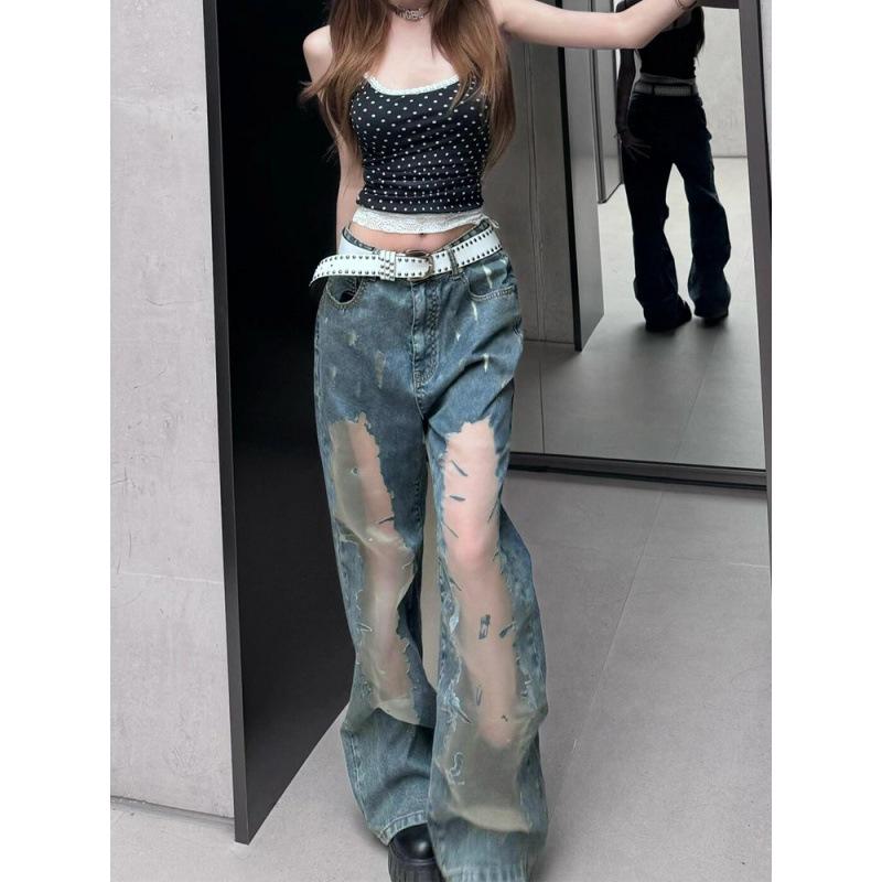 Jeans a vita alta strappati lavaggio retrò Spice Girl americana design estivo per bambini texture con texture vuota estesa pantaloni lunghi a zampa