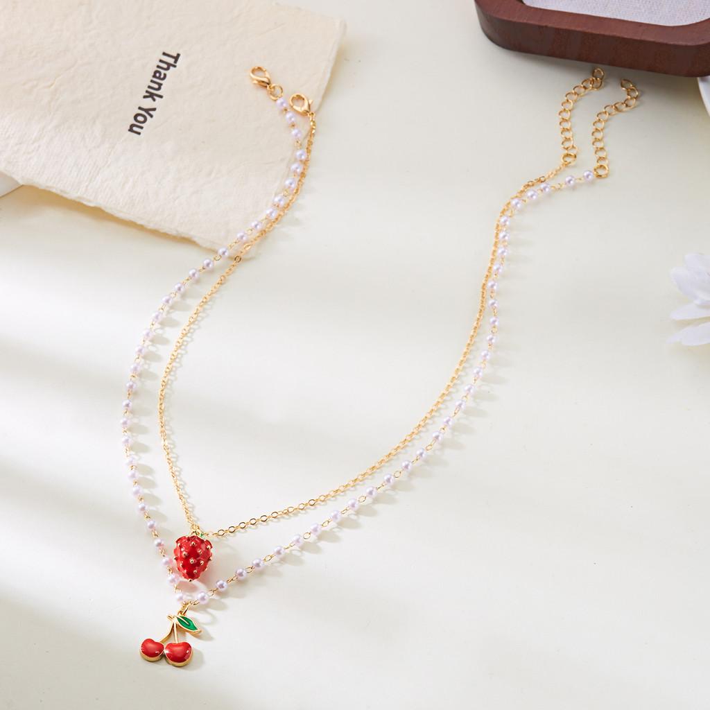 Kirschfrucht Anhänger Halskette Für Frauen Sommer Mehrschichtig Legierung Kette Mit Buchstaben Design