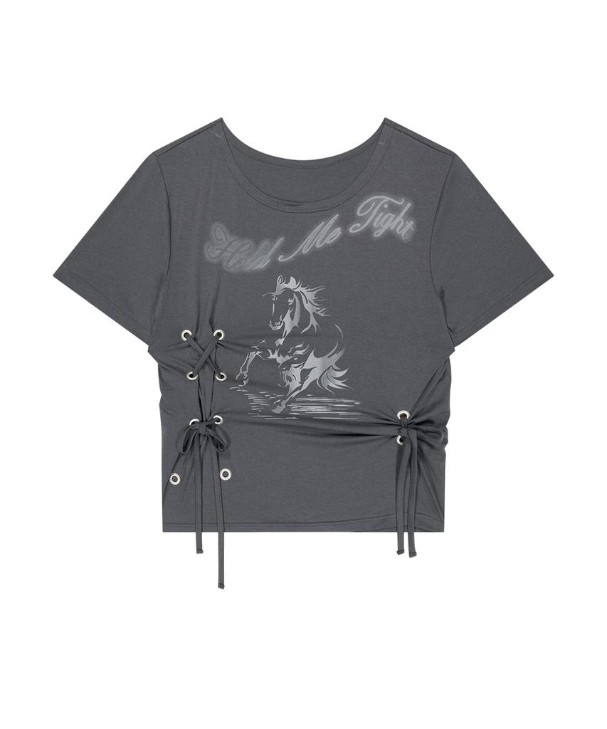 Aejeuyua Horse Eyelet Oversized T-Shirt Charcoal