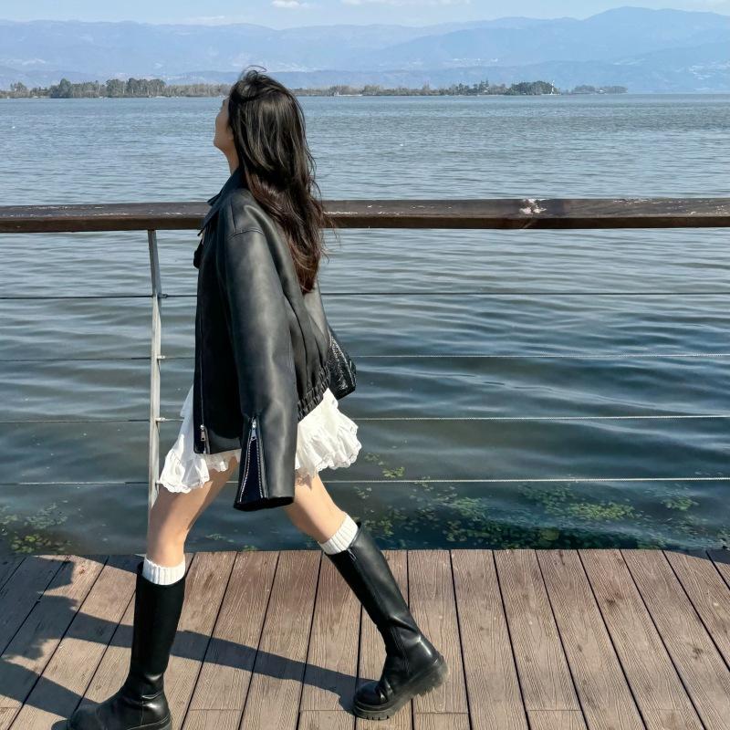 Brown Leather Jacket Women's New Autumn and Winter Locomotive Clothing Short Coffee Retro Maillard Jacket