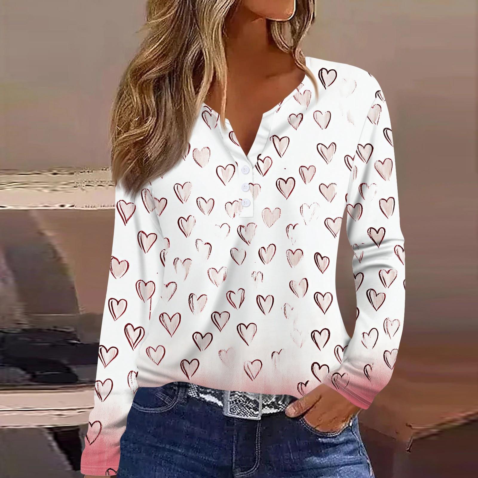 

Женская футболка с принтом ко Дню святого Валентина, туника с длинным рукавом и пуговицами, повседневная мода на выходные, базовый топ с V-образным вырезом XL белый