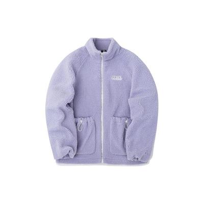 Solid Color Embroidered Logo Double Pocket Zipper Stand Collar Fleece Jacket Women Jackets Purple 162248727-1
