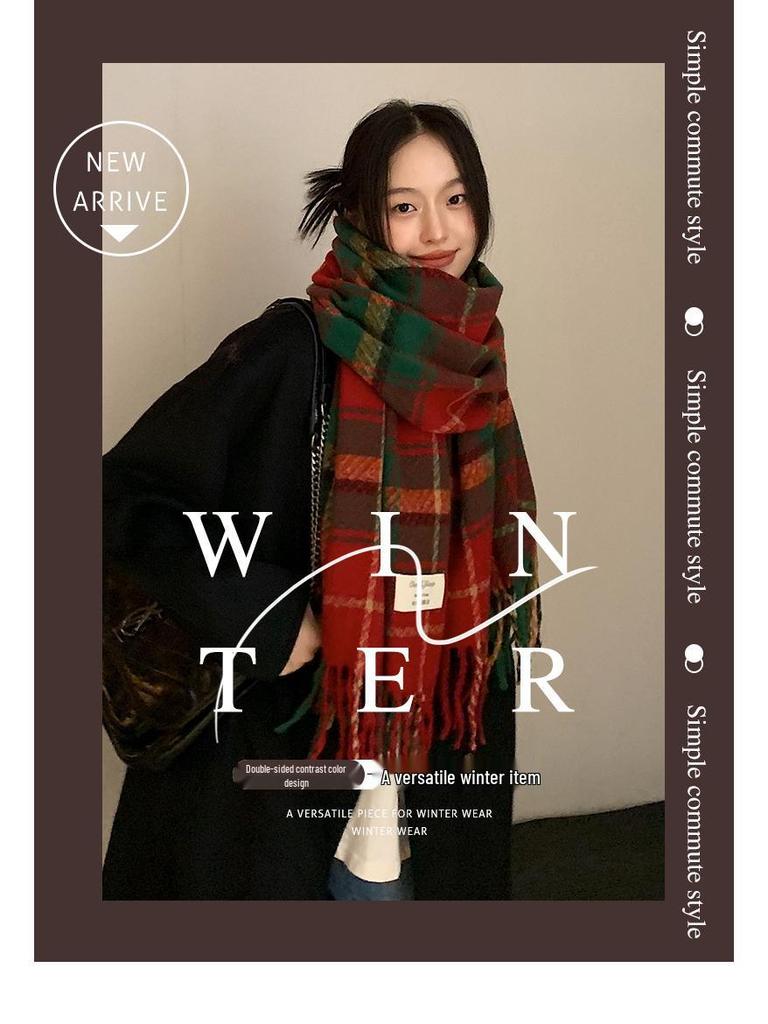 Korean Style Christmas Plaid Thickened Warm Long Scarf and Shawl