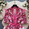 Summer Women Elegant Flare Sleeve Designer Print Runway Dresses V-neck Single Breasted Mini Short Party Dress