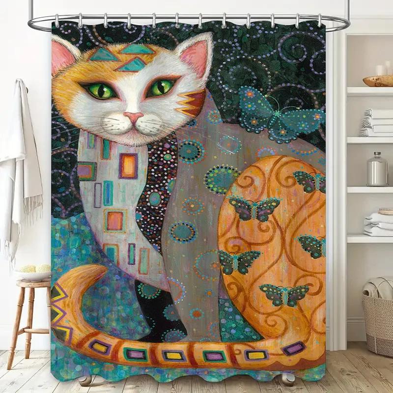 Vibrant Floral Cat Shower Curtain 3D Printed Wall Decor for Bathroom Waterproof Fabric in Multiple Sizes