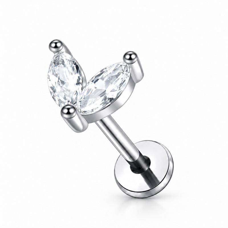 Stainless Steel Lip Ring Threaded Leaf Piercing Jewelry Micro Paved Zircon Minimalist Design