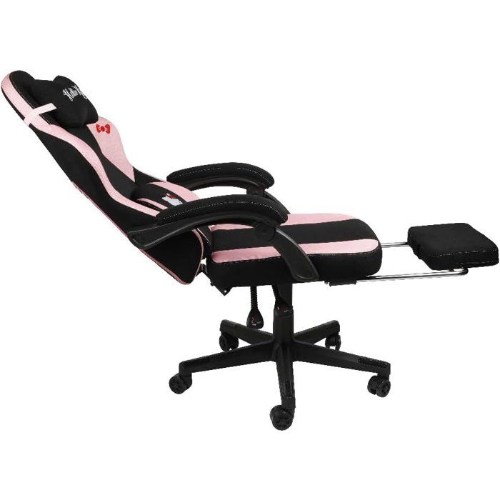 Chaise de Bureau Gaming - KONIX - Hello Kitty - Inclinaison siege 150° - Revetement Tissu - Coussin - Repose-pieds - Noir et rose