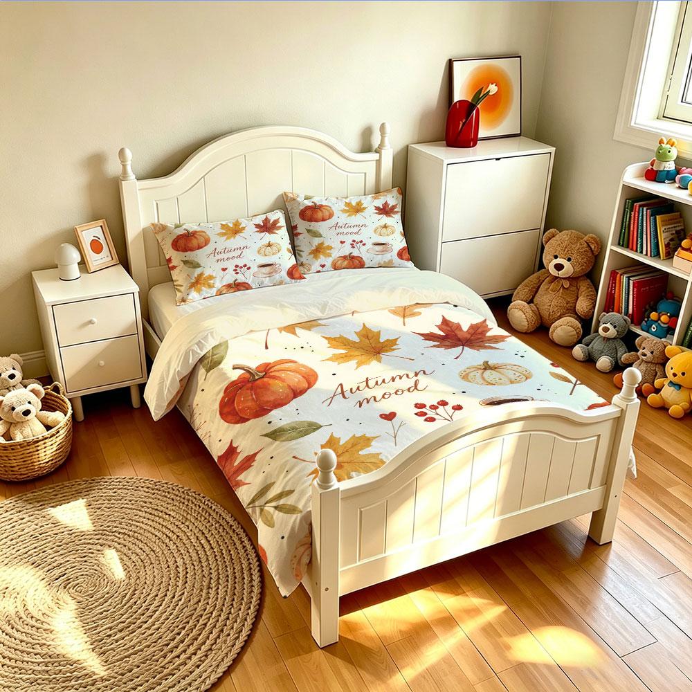 3PCS Duvet Cover Set Autumn Mood Pumpkin Maple Leaf Coffee Fall Theme Bedding Set Warm Cozy Bedroom Decor