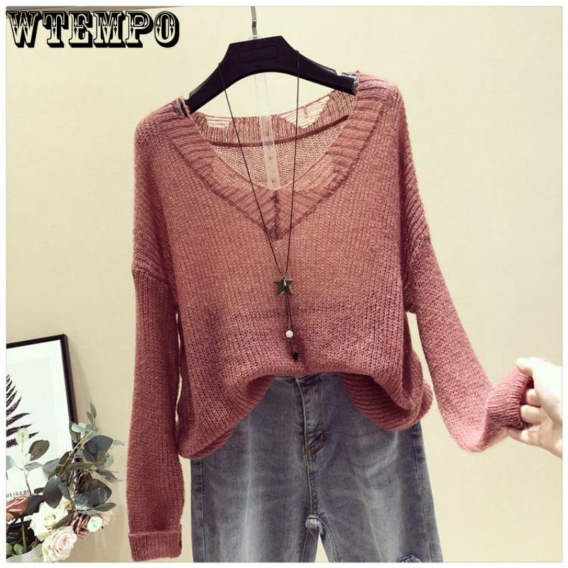 Spring Women's Sweater Long Sleeve Loose Knit Women's Thin Slouchy Sweater Hollow Top