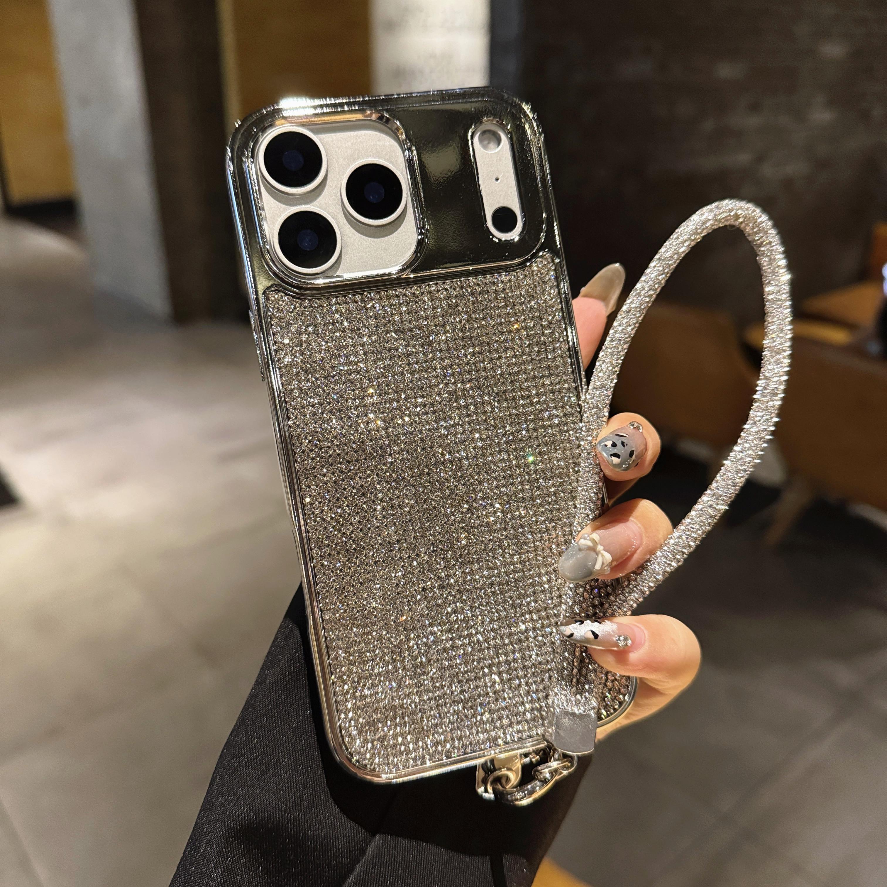 

Luxury Bling Leather Phone Case for iPhone 17 Pro Max 16 15 Plus 14 13 12 11 Diamond Strap Glitter Shockproof Anti Drop Cover iPhone Air срібний