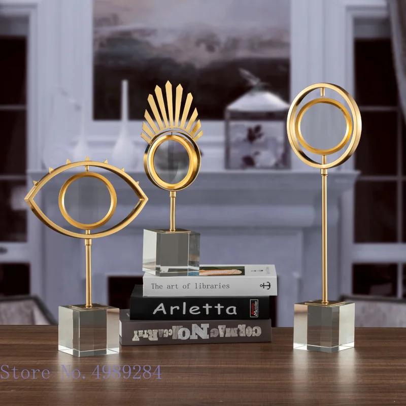 Creative Golden Metal Eyes Magnifying Glass Crafts Ornaments Crystal Glass Base Transparent Fun Desktop Modern Home Decoration