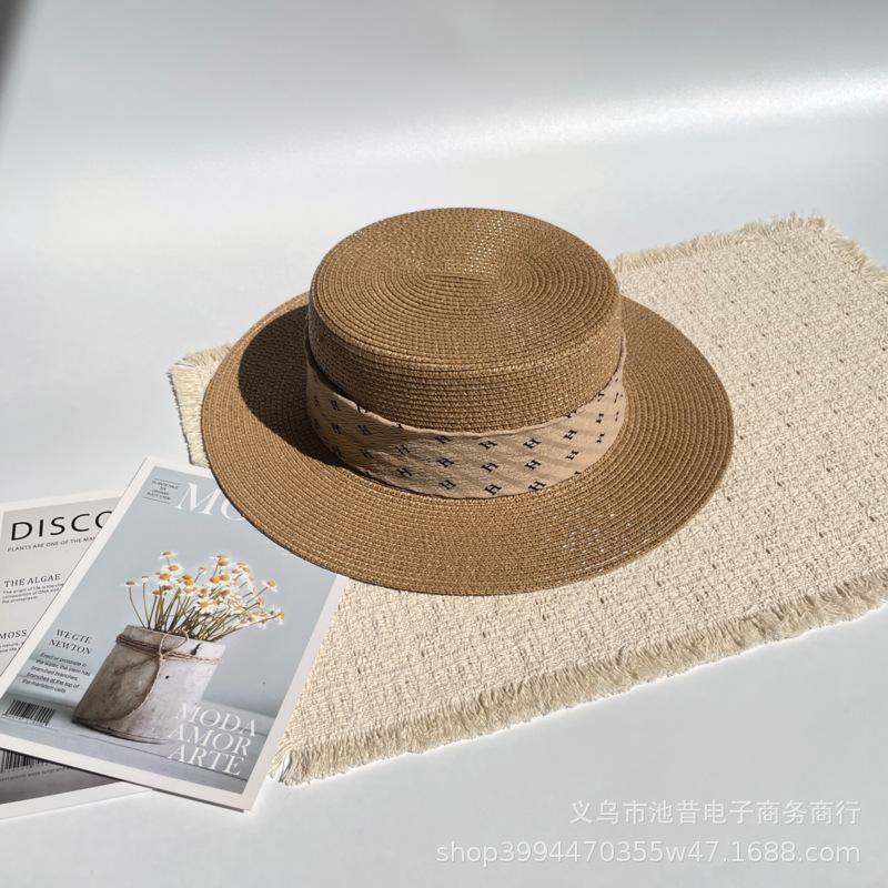 Small fresh letter webbing flat top straw hat female summer seaside photo shoot sun protection shade sand sun hat male