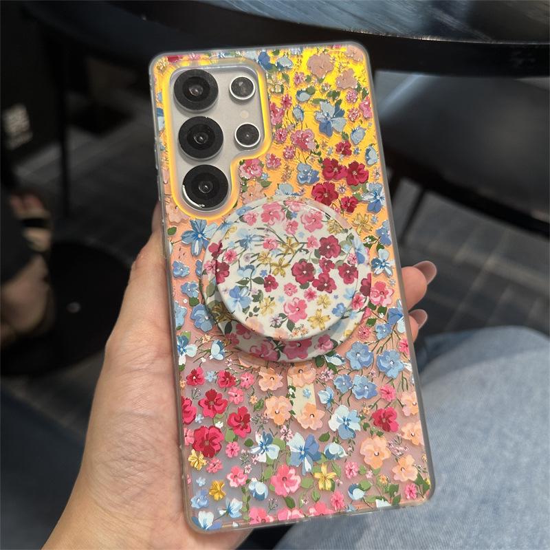 Glitter Magnetic Stand Phone Case for Samsung S25 Ultra/S23 FE - Autumn & Winter Flowers Design