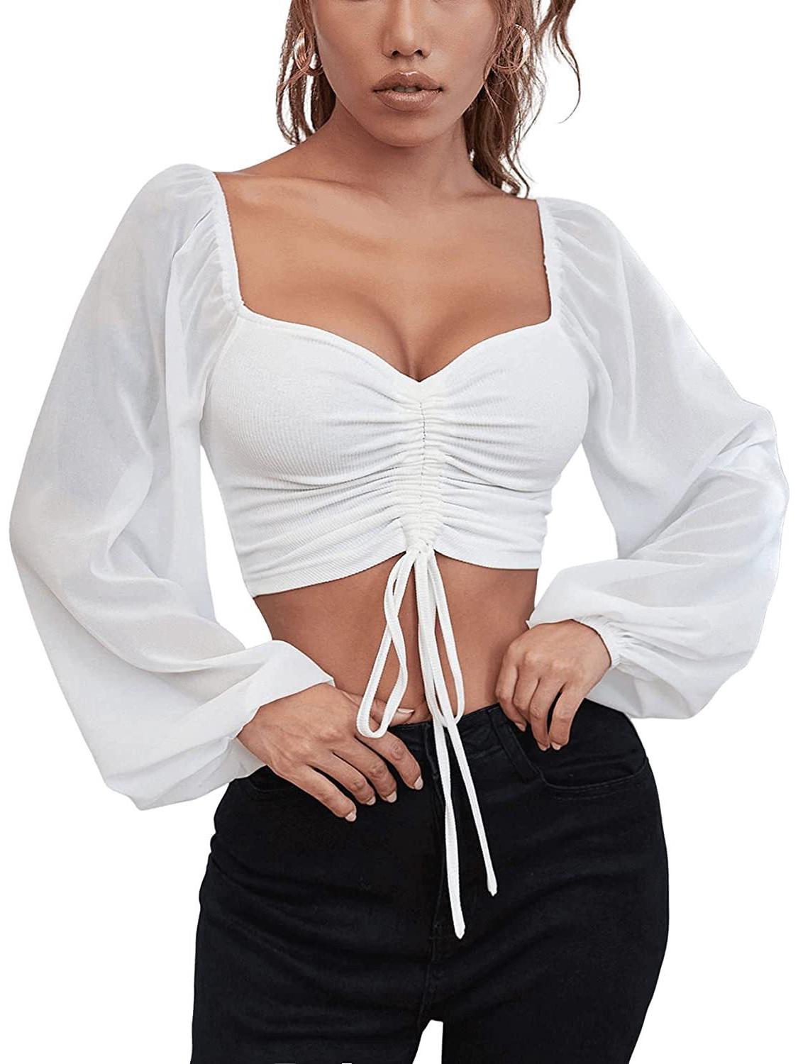 

Summer V-Neck Chiffon Lantern Sleeve Drawstring Top L білий