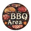 Vintage BBQ Area Round Metal Tin Sign Grilled Steak Vegetables Flame Pattern Retro Wall Decor for Backyard Patio Bar