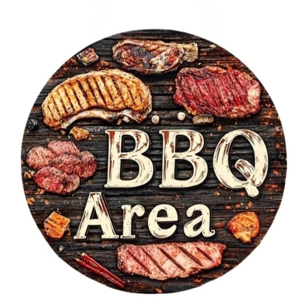 Vintage BBQ Area Round Metal Tin Sign Grilled Steak Vegetables Flame Pattern Retro Wall Decor for Backyard Patio Bar
