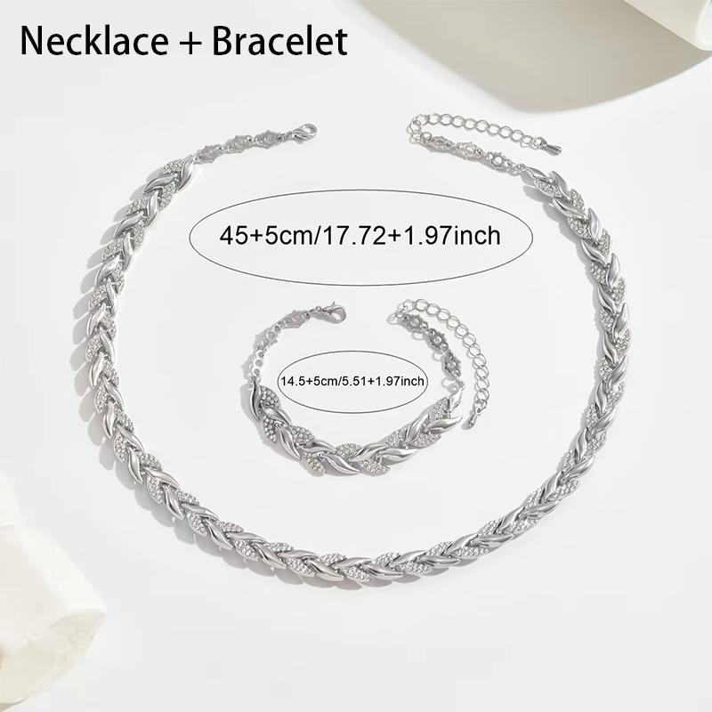 

2Pcs/Set Elegant Fish Tail Rhinestone Jewelry Set Shiny Wheat Chain Necklace with Matching Bracelet for Women Luxury Wedding Party Accessories necklace+bracelet срібний