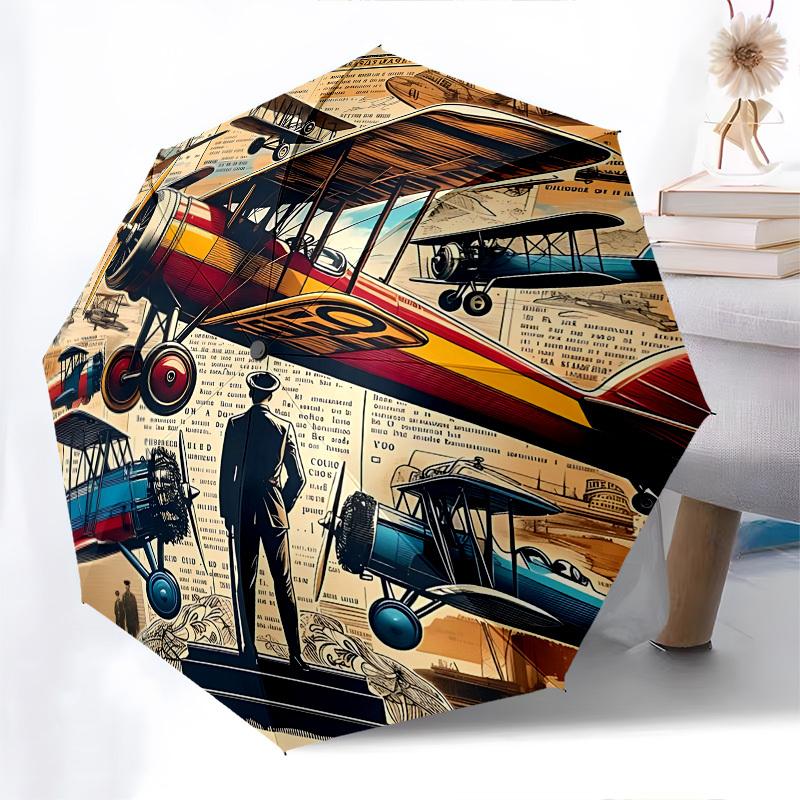 Aircraft, Aviation Themed Automatic Opening and Closing Umbrella, Brightly Colored 8-rib Portable Umbrella, Suitable for Men and Women, A Pe