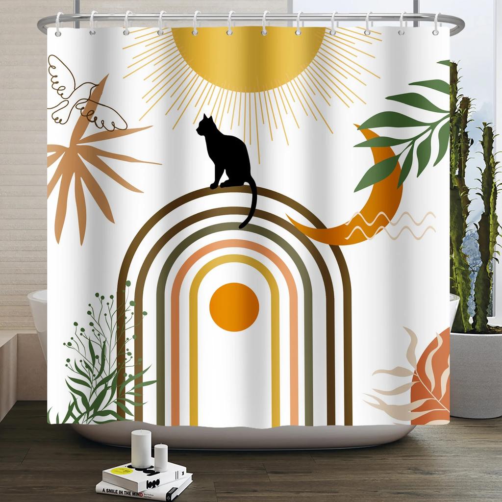 Nordic Wind Boho Shower Curtain for Bathroom Abstract Mid Century Modern Minimalist Geometric Arch Beige Bohemian Bath Curtain