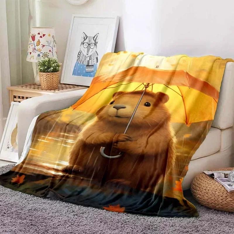 Kawaii The Capybara Club Home Cartoon Printed Blanket Picnic Blanket Warm Flannel Soft and Comfortable Home Travel Birthday Gift