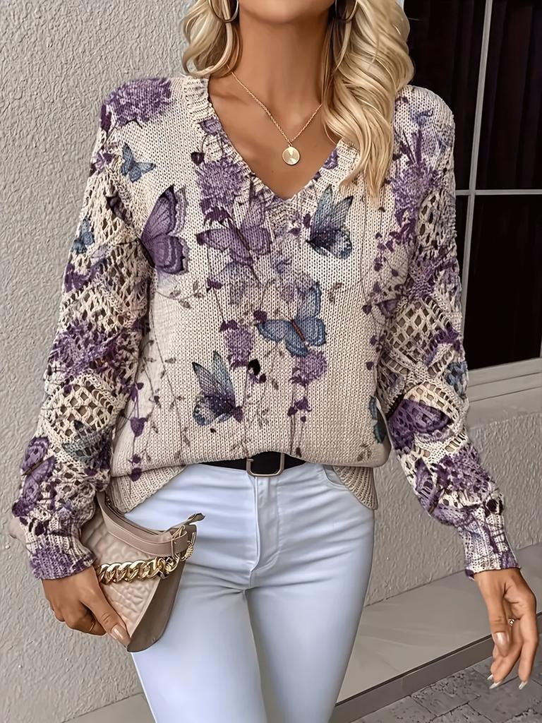 Neues bedrucktes V-Ausschnitt-Oberteil Damen beliebter Pullover Langarm Frühling und Herbst Pullover