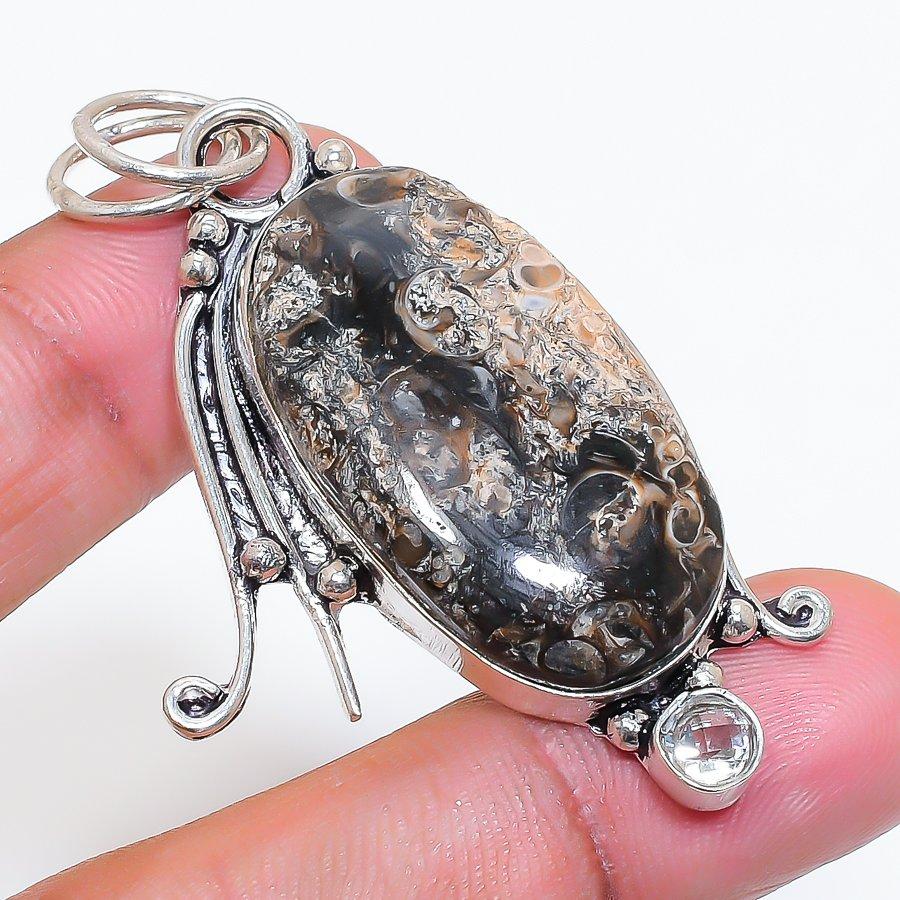 Natural Turritella Fossil, Topaz 925 Sterling Silver Jewelry Pendant 2.25" ZS-704