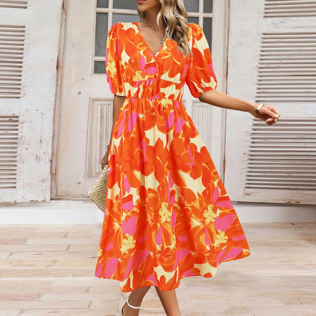 Women's V-Neck Bohemian Print Short Sleeve Dress A-Line Skirt