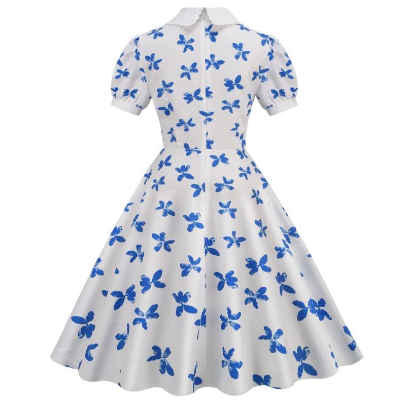New Women's Clothing Summer Bundle Neck Doll Collar Short-sleeved Retro Printed Medium and Long Dress