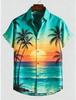 Men's Beach Sunset Coconut Tree Print Short Sleeve Shirt, Spring Summer Hawaiian Vacation Casual Top, Pocket Lapel Style
