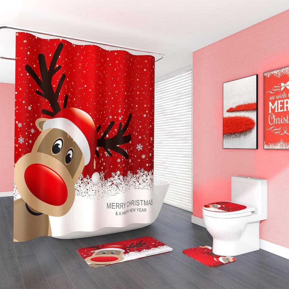 Christmas Bathroom Shower Curtain 4Pcs Set Snowman Santa Claus Pattern Waterproof Shower Curtain Toilet Cover Mat Non Slip Rug