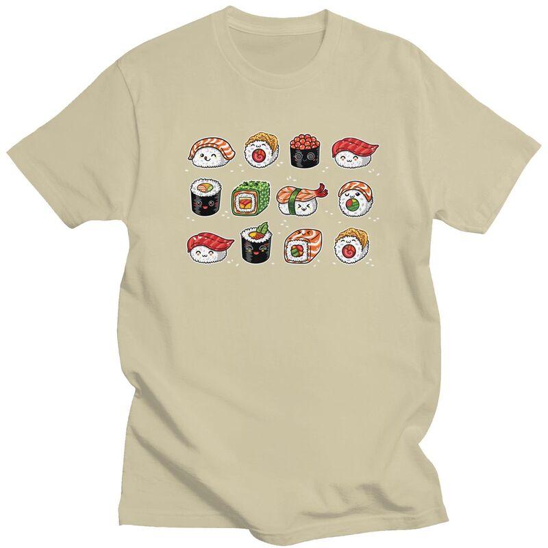 Custom Kawaii Rolls And Sushi Tshirt for Men Short Sleeves Leisure T Shirt Japanese Food Cartoon Manga Tshirt Pure Cotton Tee
