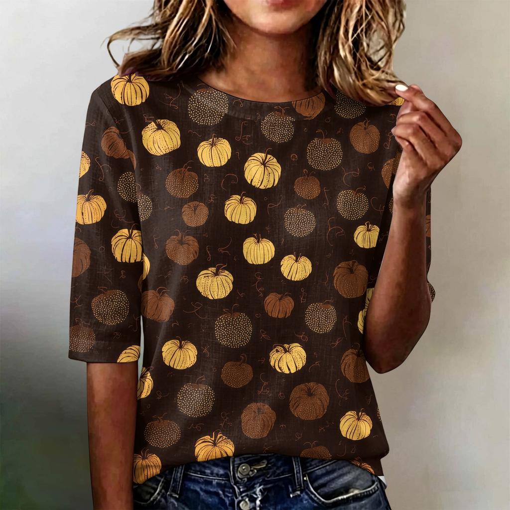 Women's Casual Loose Fit Half Sleeve Top Round Neck Lightweight Comfortable Halloween Pumpkin Print Shirt for Everyday Wear