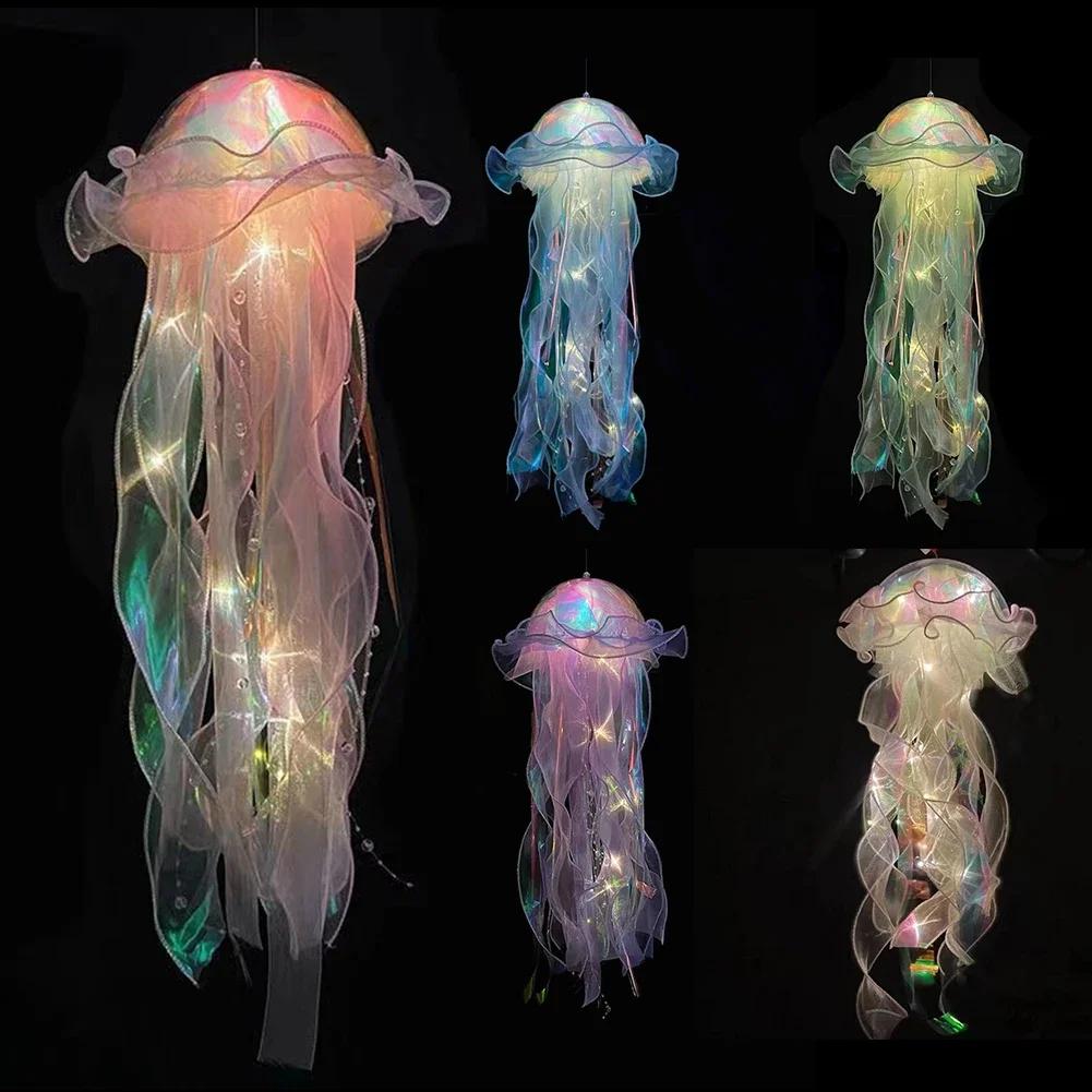Jellyfish Bedroom Light Lamp Button Battery Hanging Ceiling Lantern with Ribbon&Bead LED Bulbs for Children Bedroom