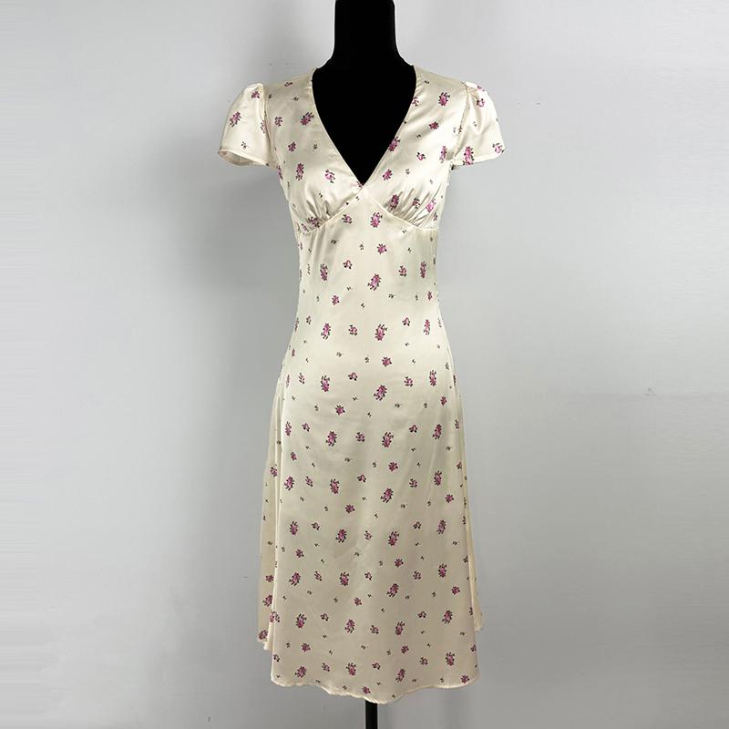 Floral Print Long Dress Women's Sexy V Neck Short Sleeve High Waist Dress Female Fashion Casual Vacation Slim Dresses