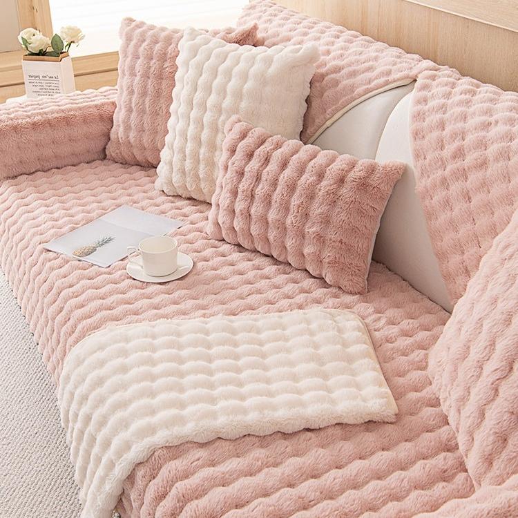 Thicken Plush Stripe Immitation Rabbit Fur Non-Slip Sofa Cover, For Winter Living Room Couch Seat Decor Slipcover Sofa Towel