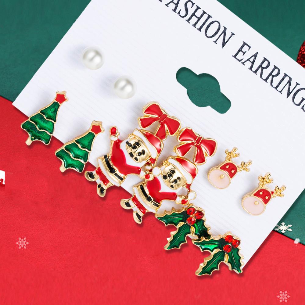 6-częściowa kolekcja świąteczna kolczyki damskie Święty Mikołaj kokarda wzór choinki kolczyki modne i eleganckie akcesoria
